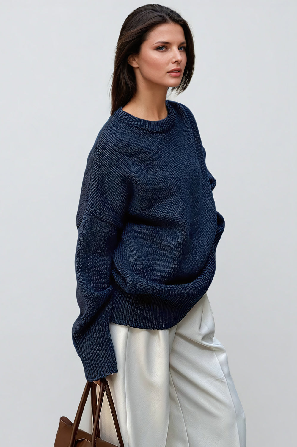 Oversized Knitted Sweater with Ribbed Cuffs and Hemline - Navy