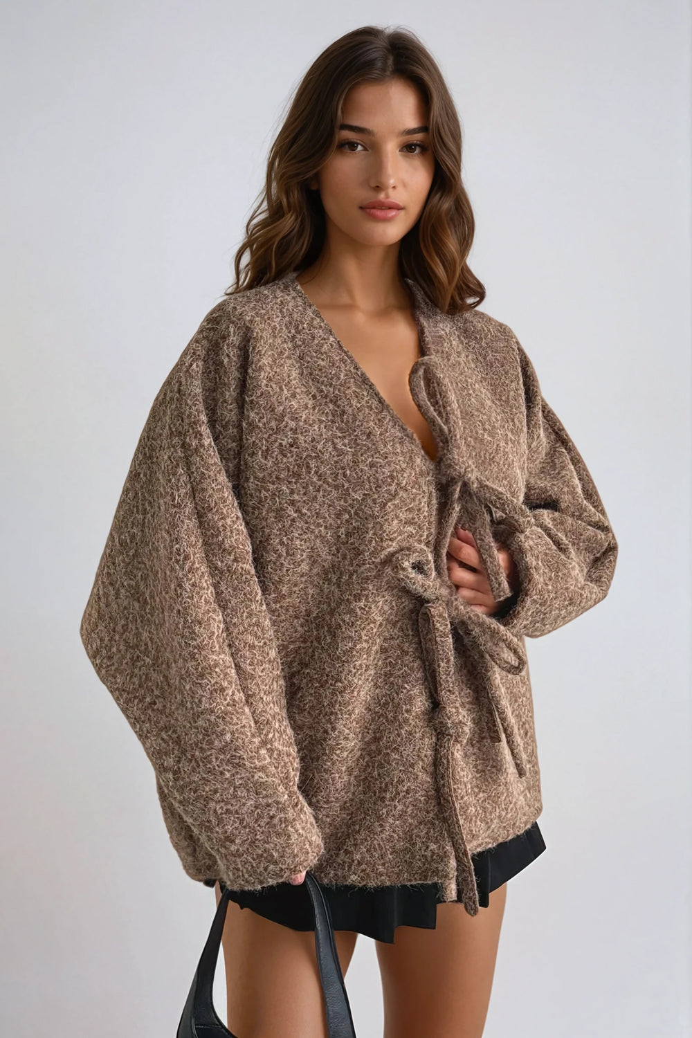 Oversized Sweater with Tie Closures - Brown