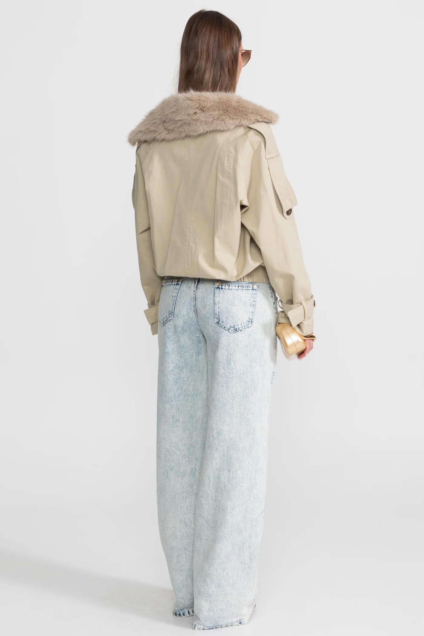 Cropped Trench Jacket with Fur Collar - Beige