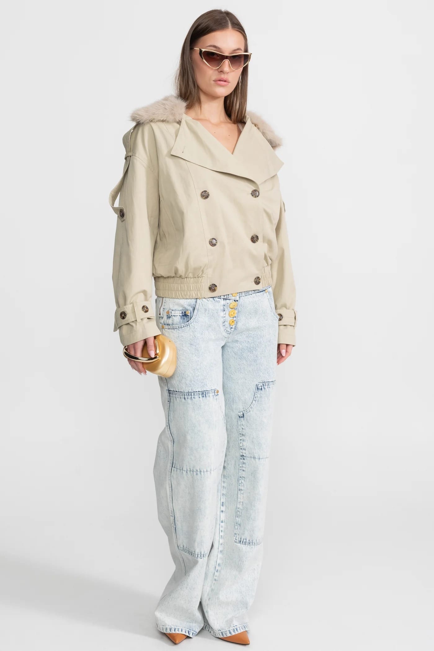 Cropped Trench Jacket with Fur Collar - Beige