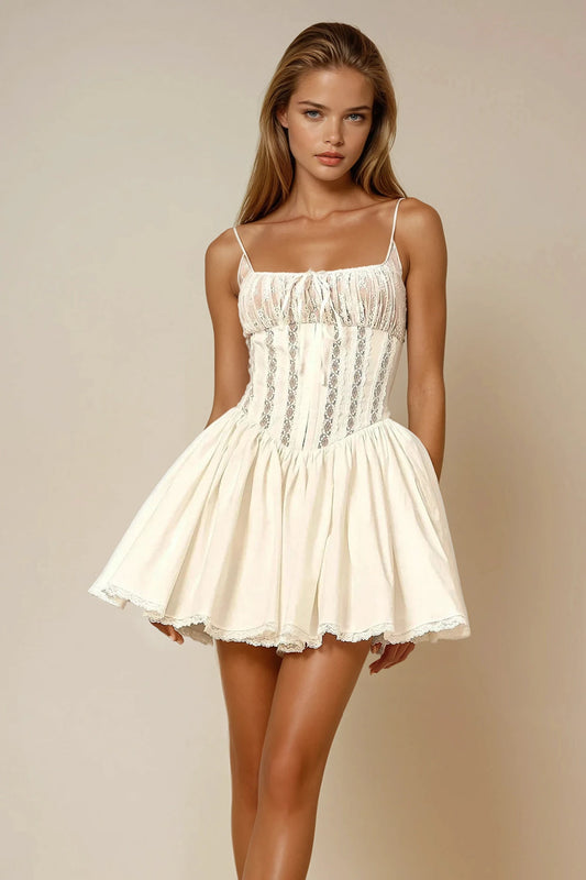 Sleeveless Lace Panel Flare Mini Dress - White