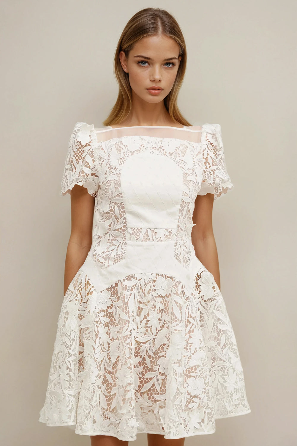 Lace Mini Dress with Puff Sleeves - White