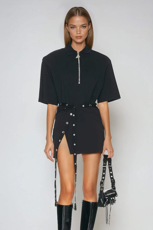 Two-Piece Set with Half-Zip Polo Top and Studded Asymmetrical Skirt - Black