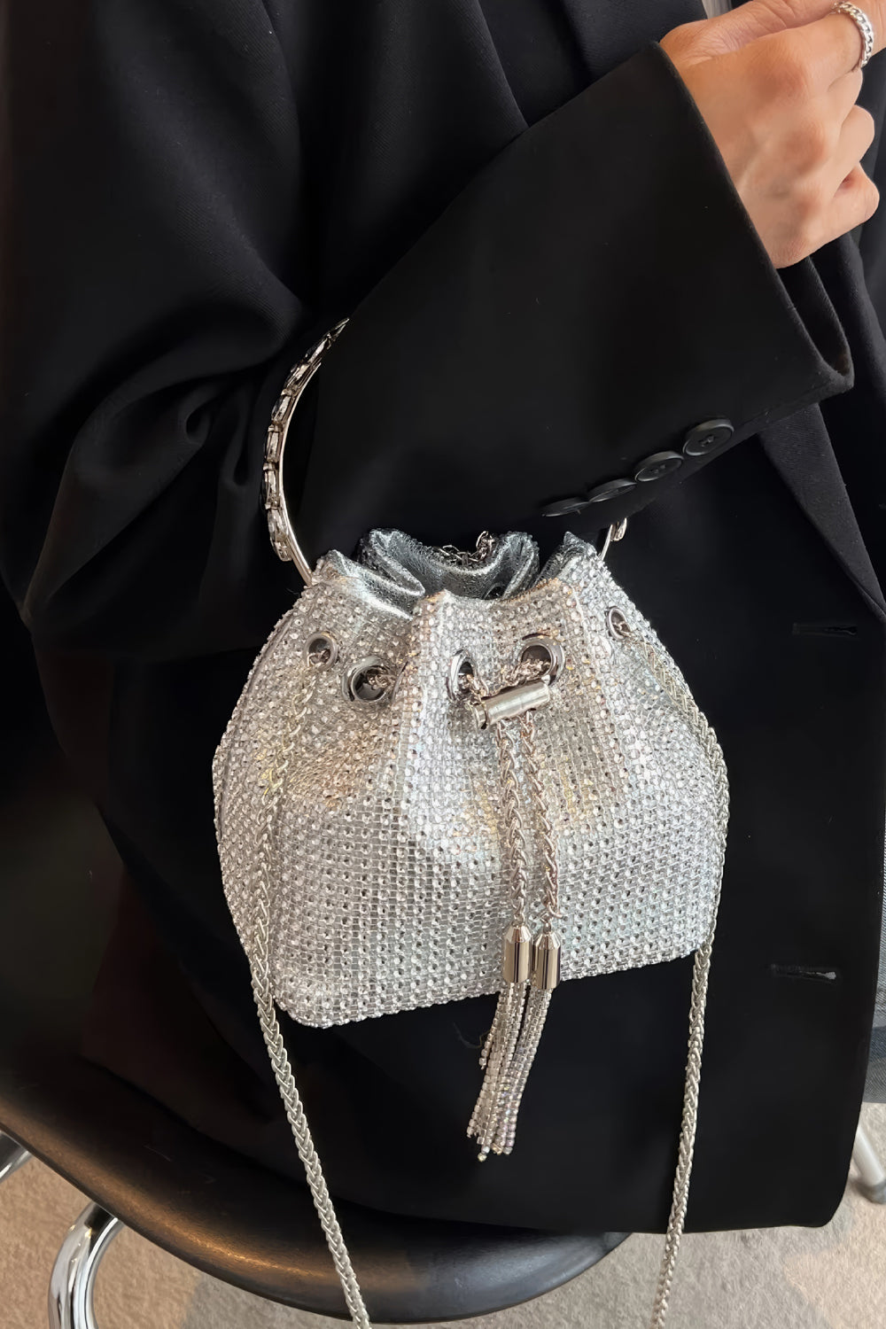 Rhinestone Handle Mini Bucket Bag