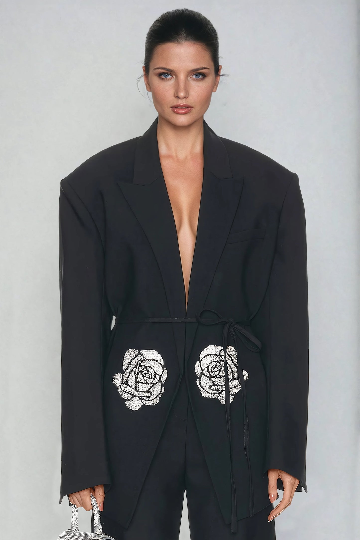 Oversized Blazer with Embellished Floral Motif and Waist Tie - Black