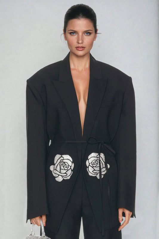 Oversized Blazer with Embellished Floral Motif and Waist Tie - Black