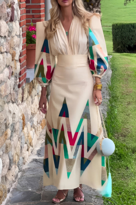 Geometric Patterned Puff Sleeve Maxi Dress