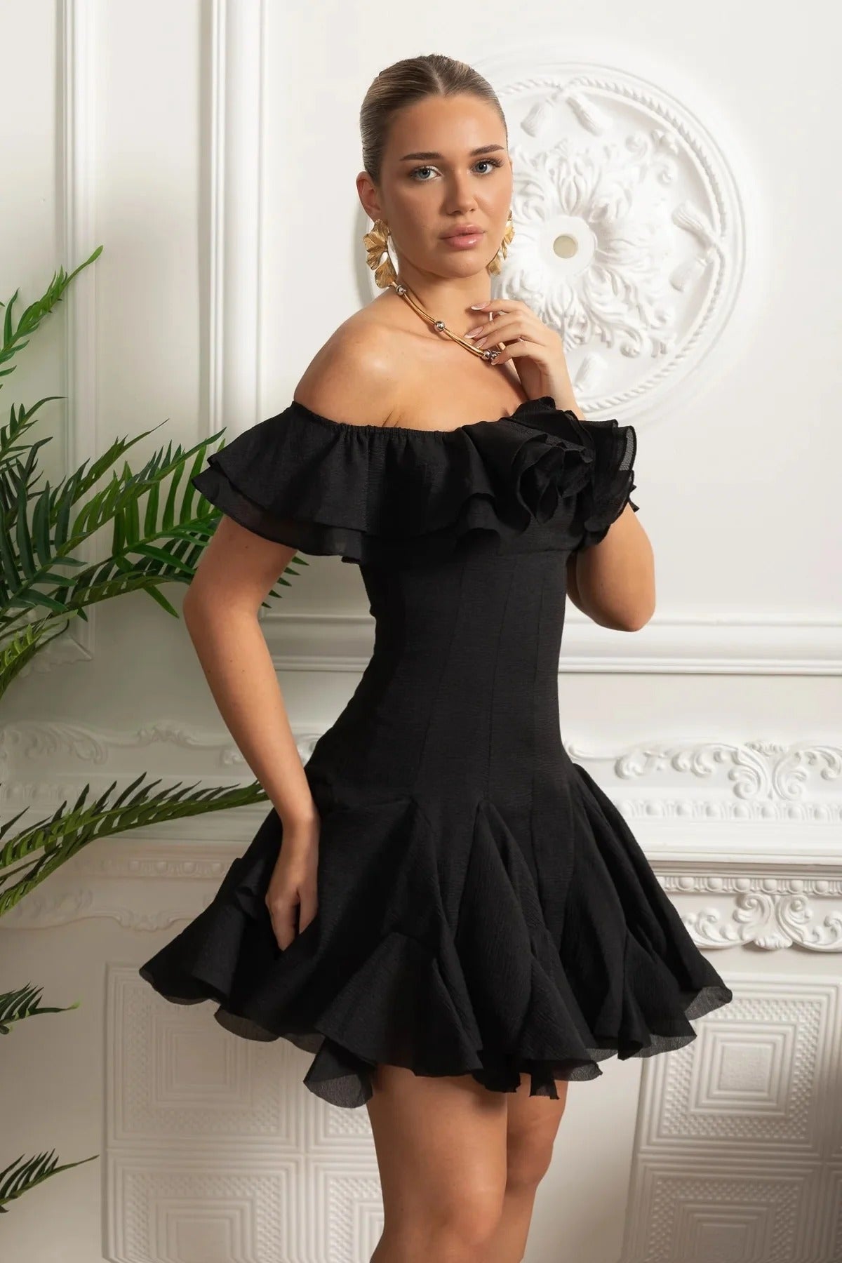 Off-Shoulder Ruffle Mini Dress - Black
