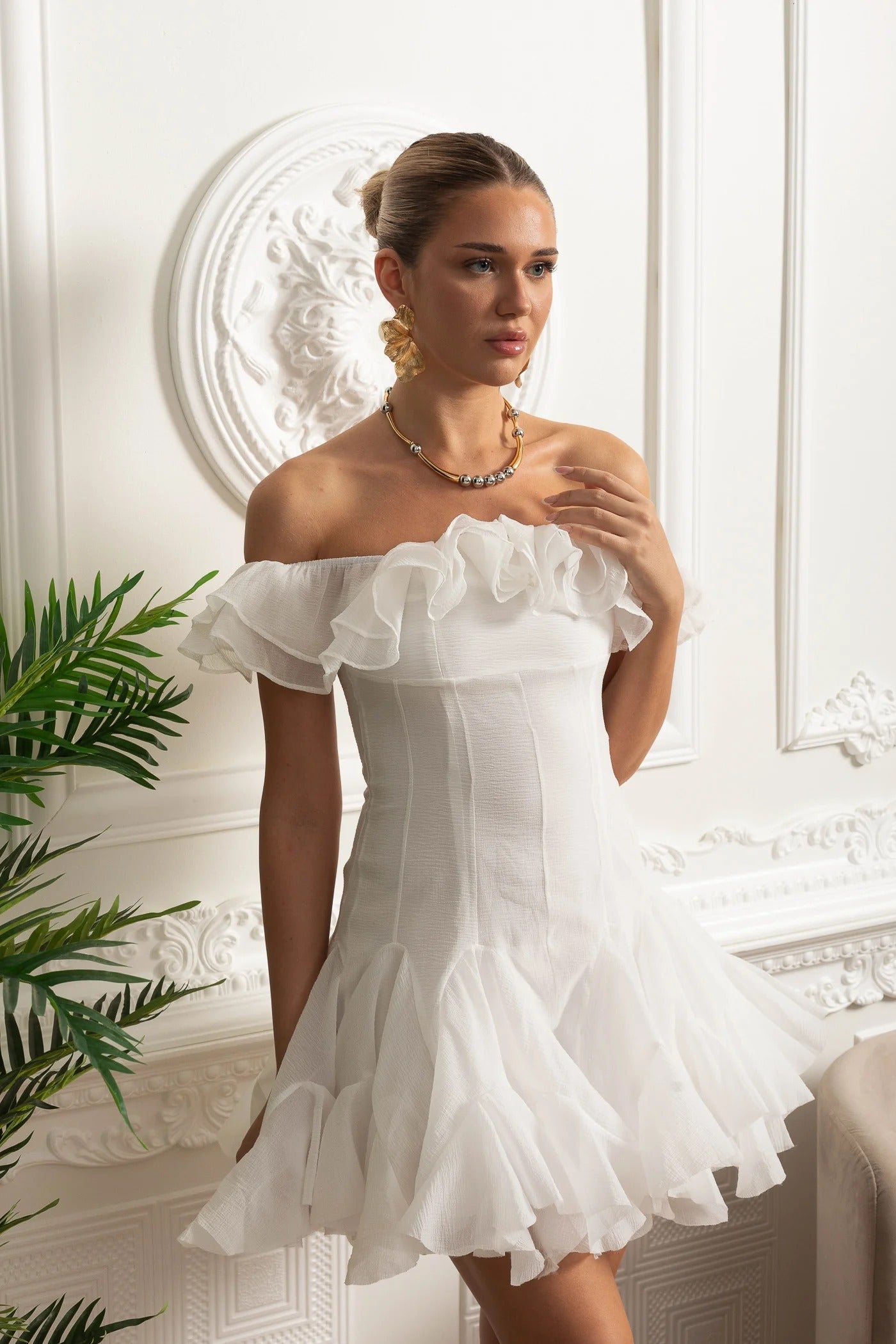 Off-Shoulder Ruffle Mini Dress - White