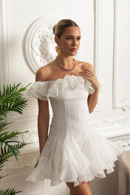 Off-Shoulder Ruffle Mini Dress - White