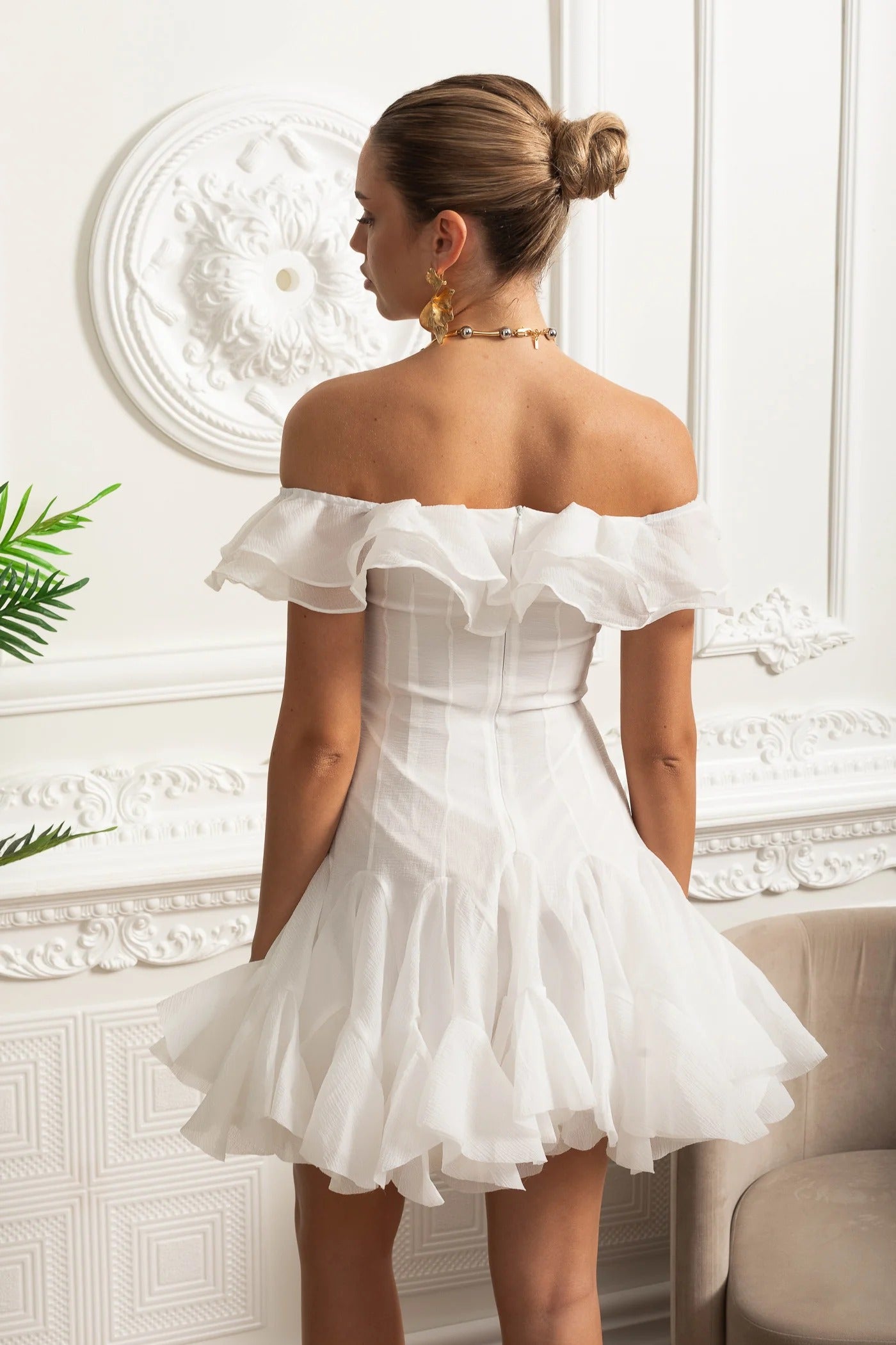 Off-Shoulder Ruffle Mini Dress - White