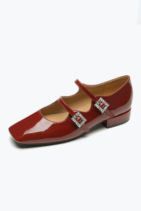 Double Strap Flats with Buckle Detail - Red