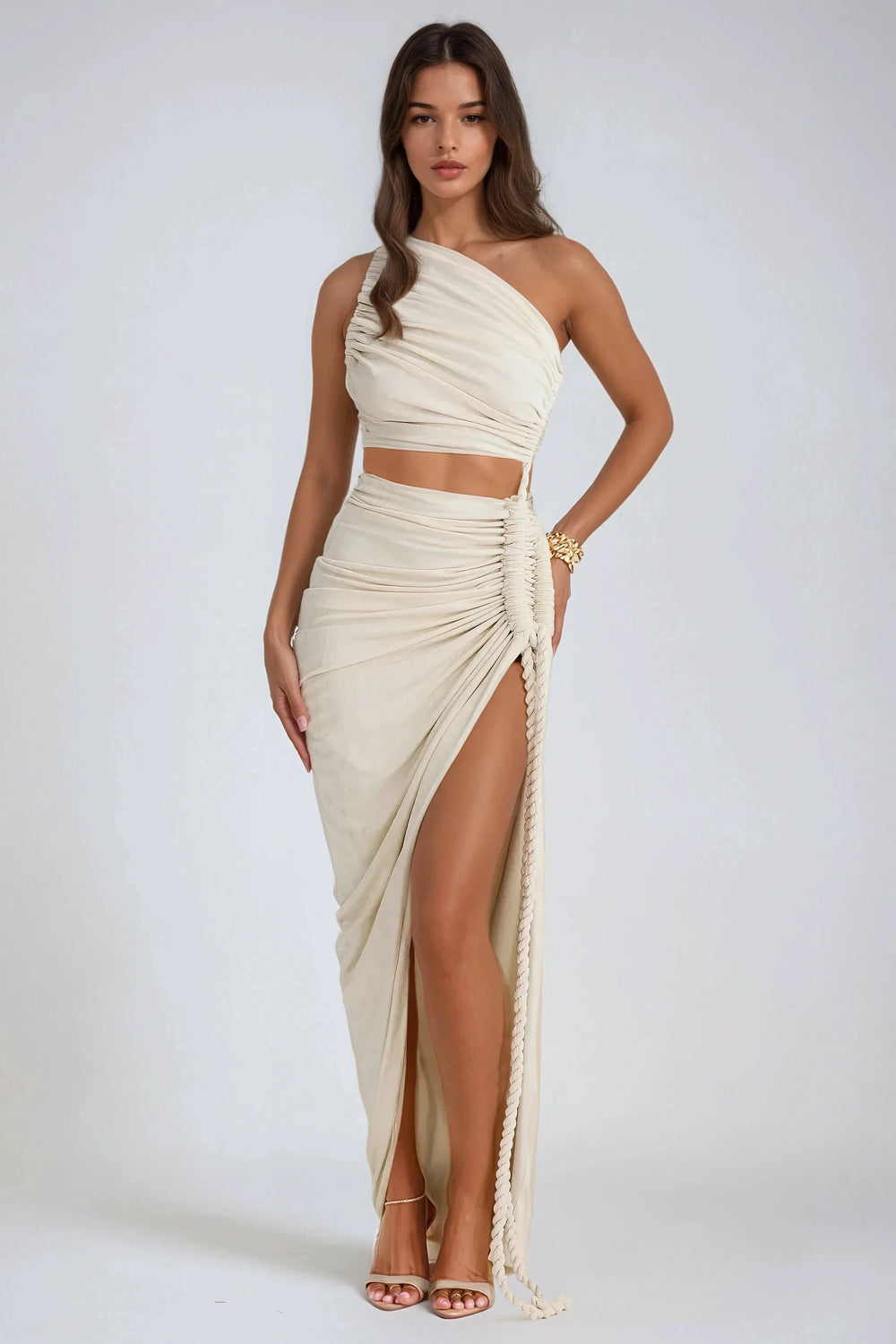 Asymmetrical Ruched Maxi Dress - Beige