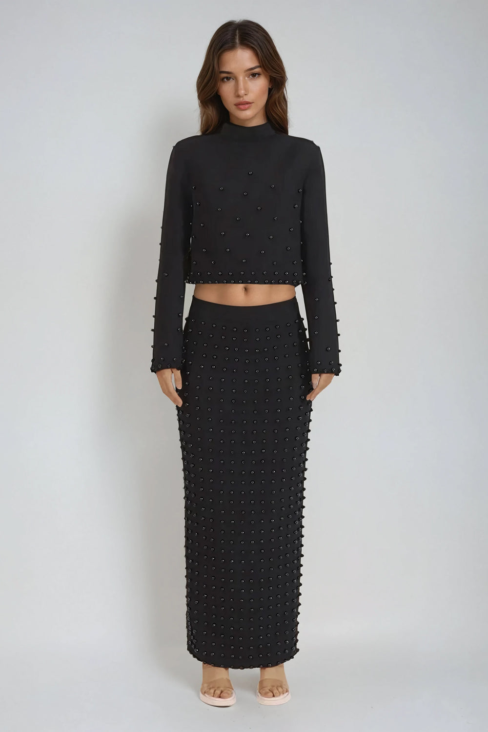 Two-Piece Set with High Neck Crop Top and Embellished Maxi Skirt - Black