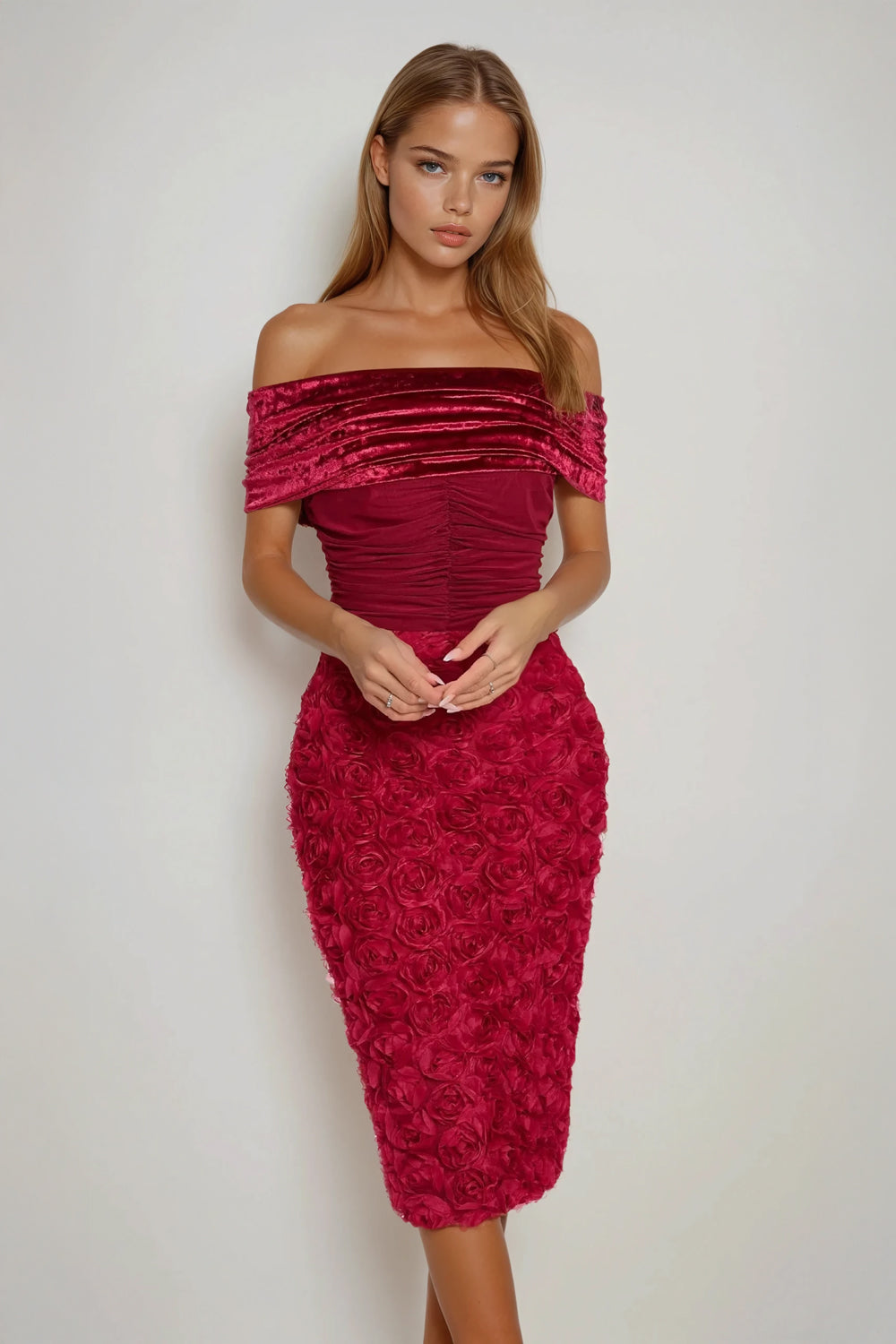 Off-Shoulder Mini Dress with 3D Floral Skirt - Red