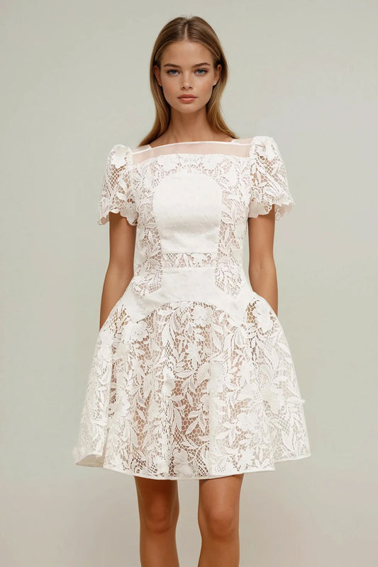 Lace Mini Dress with Puff Sleeves - White