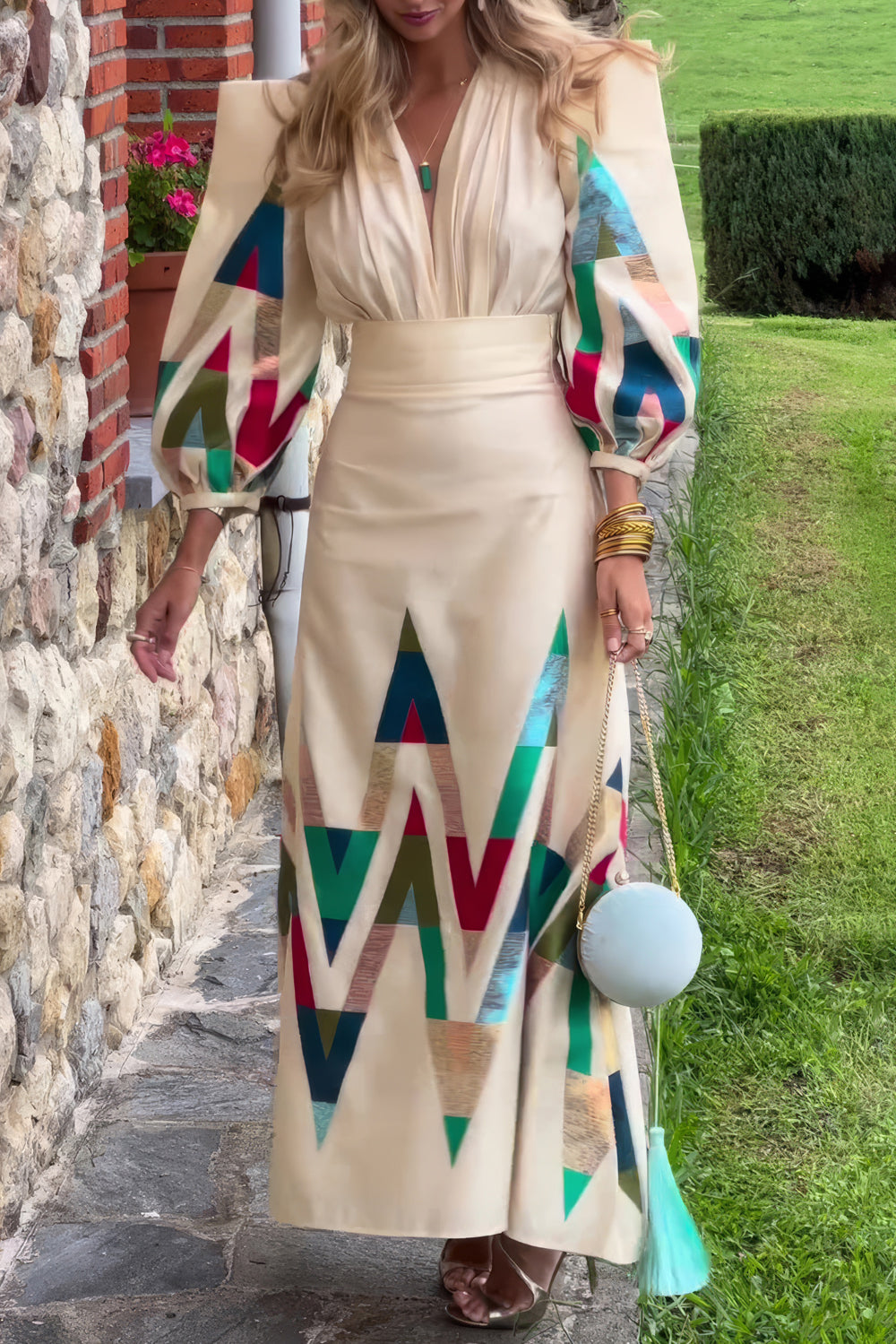 Geometric Patterned Puff Sleeve Maxi Dress