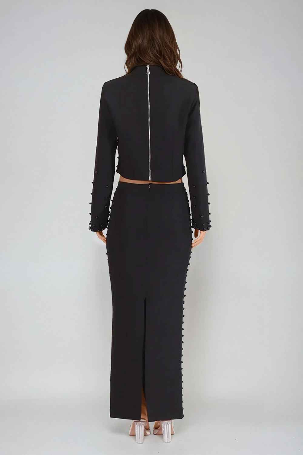 Two-Piece Set with High Neck Crop Top and Embellished Maxi Skirt - Black