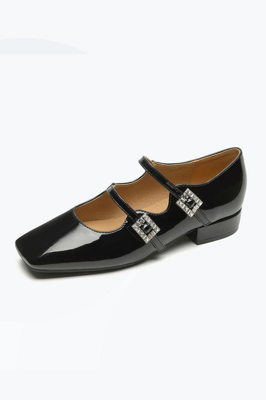 Double Strap Flats with Buckle Detail - Black