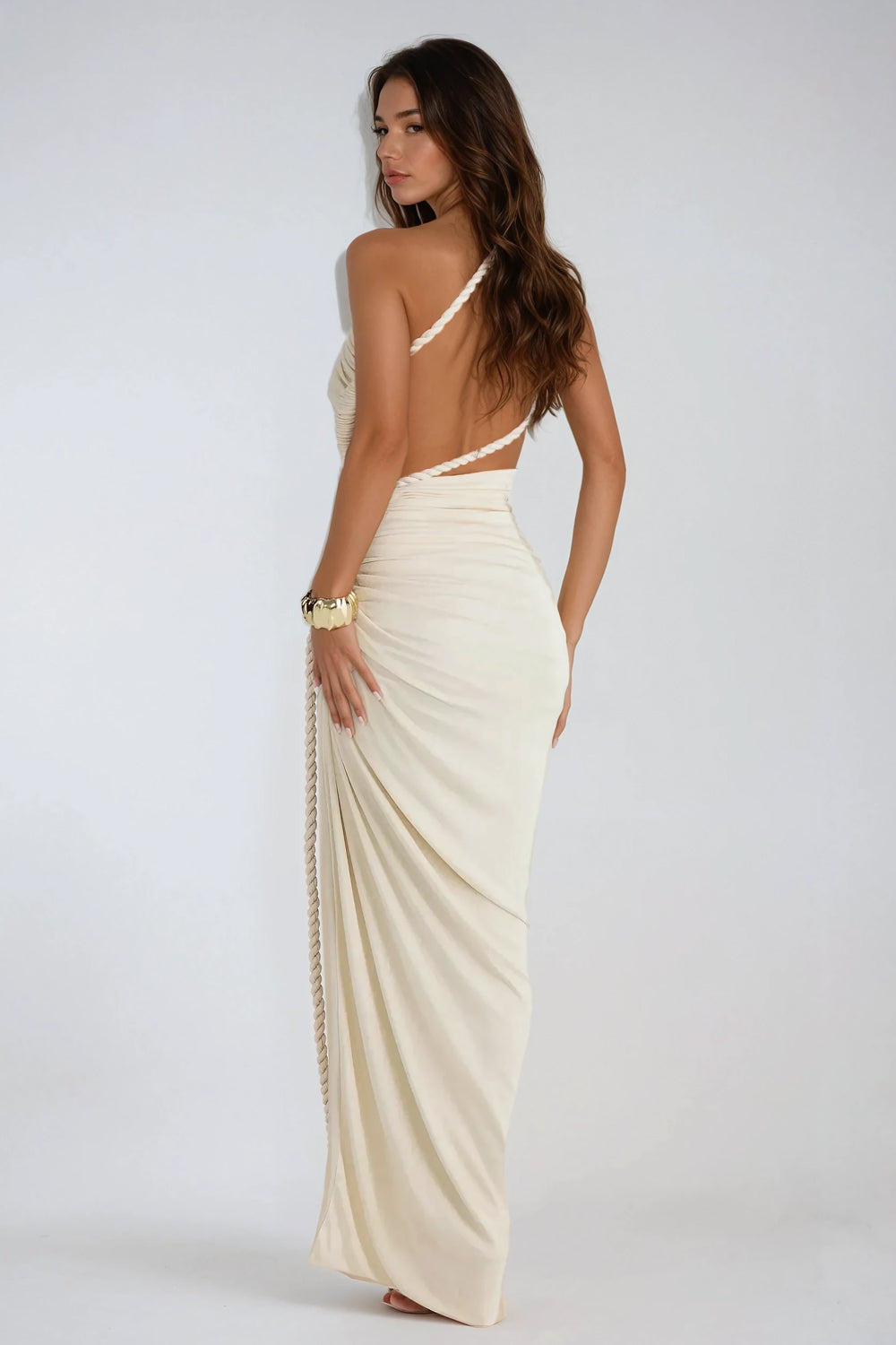 Asymmetrical Ruched Maxi Dress - Beige