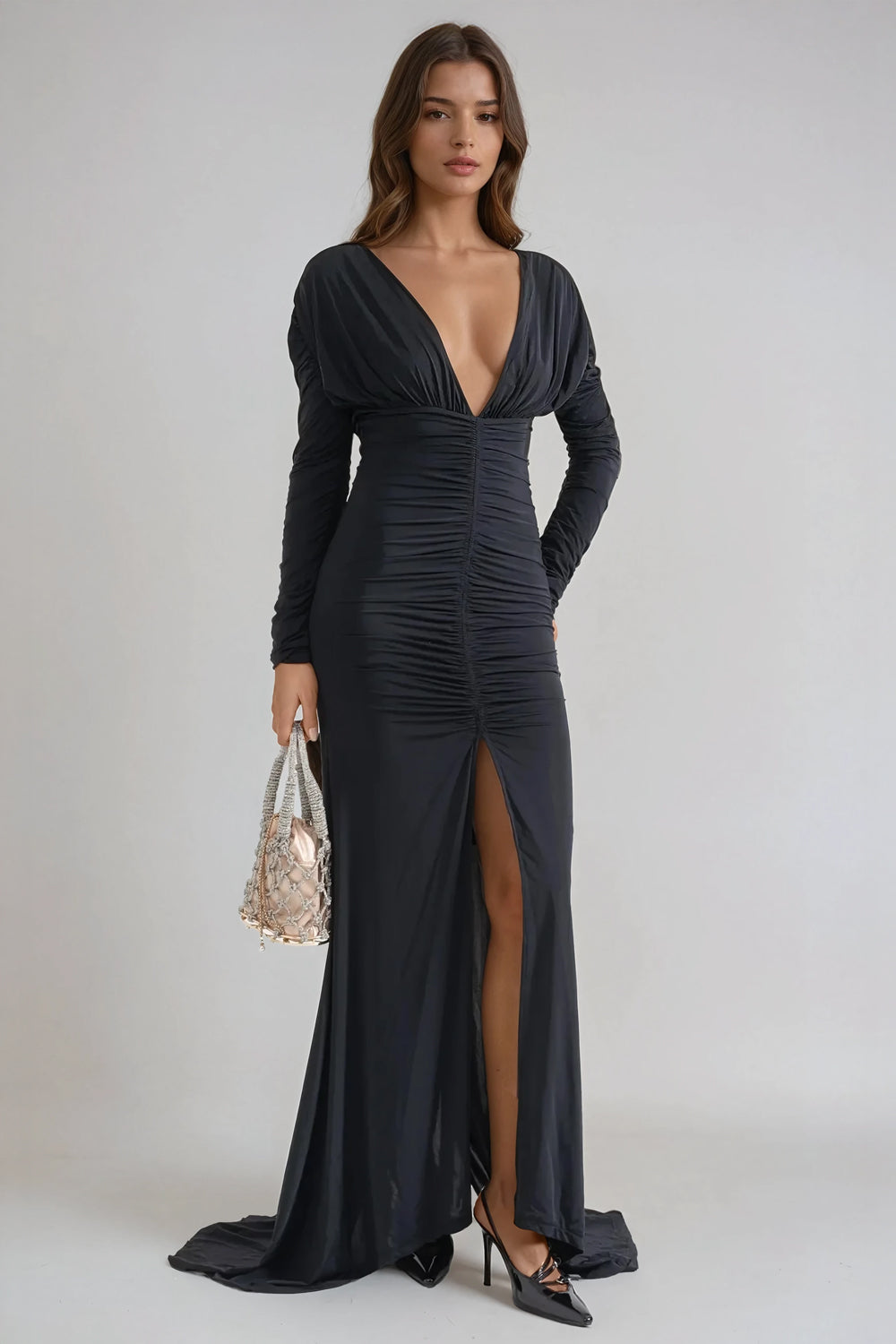 Deep V-Neck Ruched Long Sleeve Maxi Dress - Black