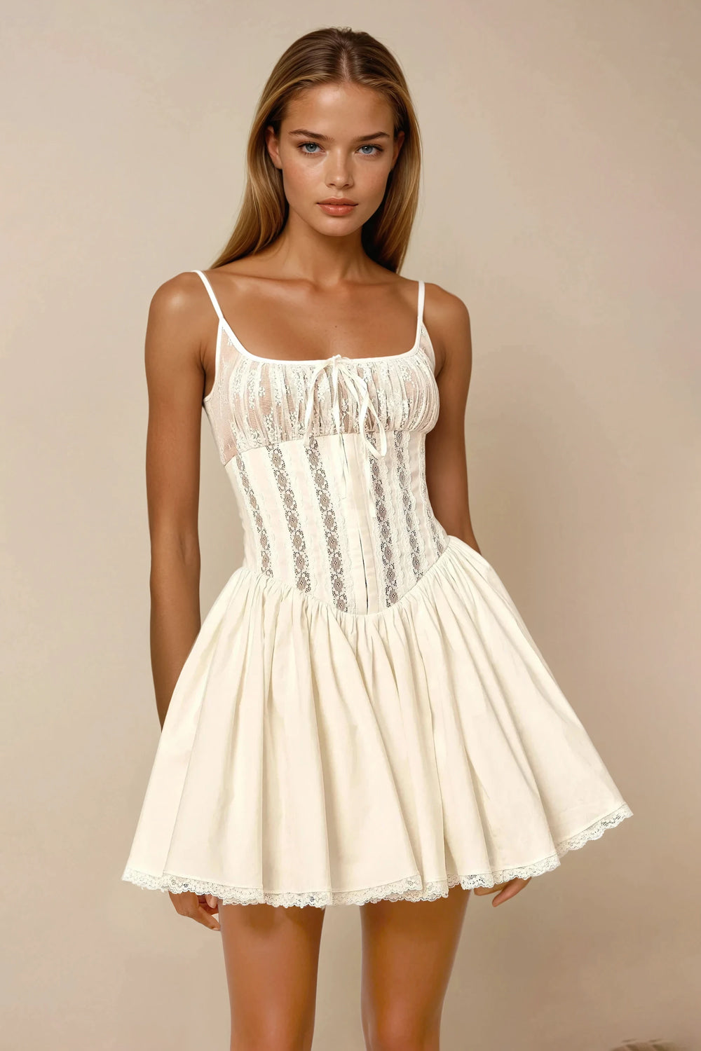 Sleeveless Lace Panel Flare Mini Dress - White