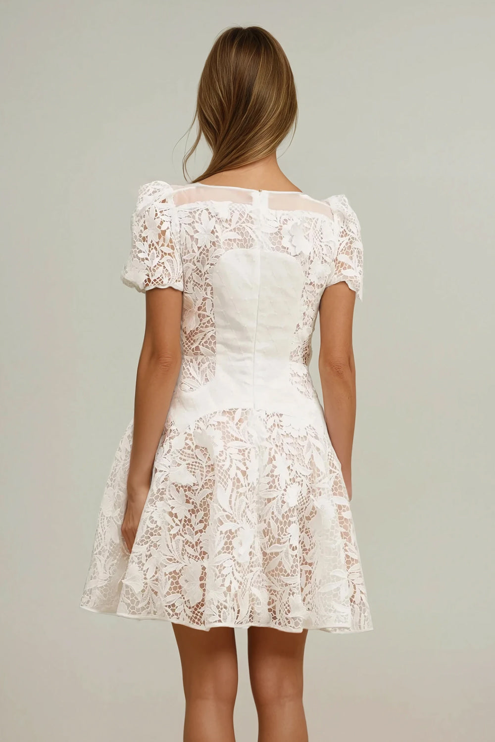 Lace Mini Dress with Puff Sleeves - White