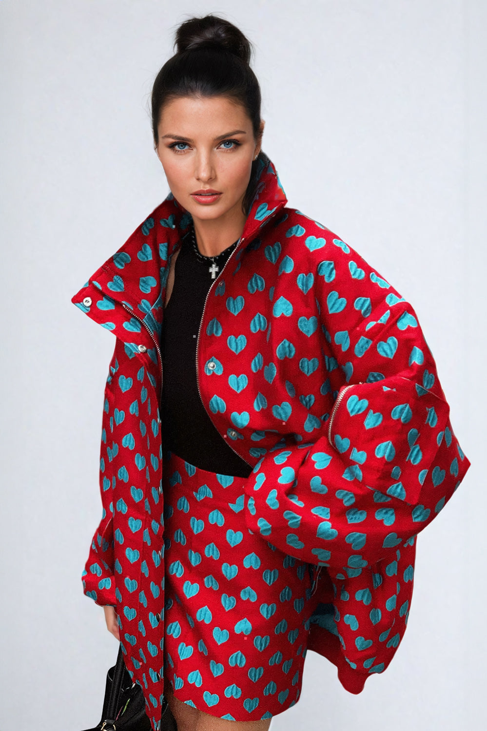 Two-Piece Set with Printed Puffer Jacket and Mini Skirt - Red