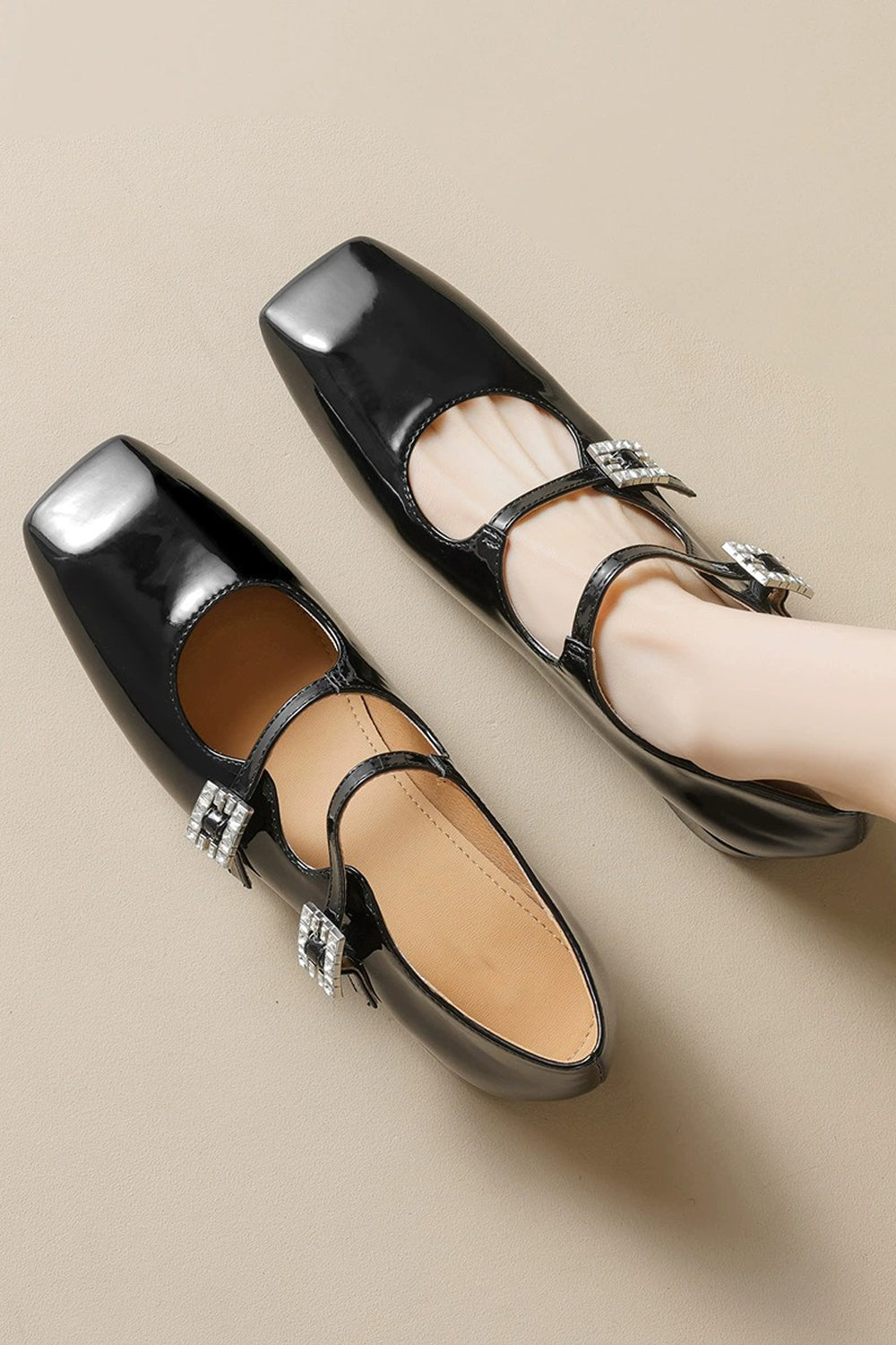 Double Strap Flats with Buckle Detail - Black