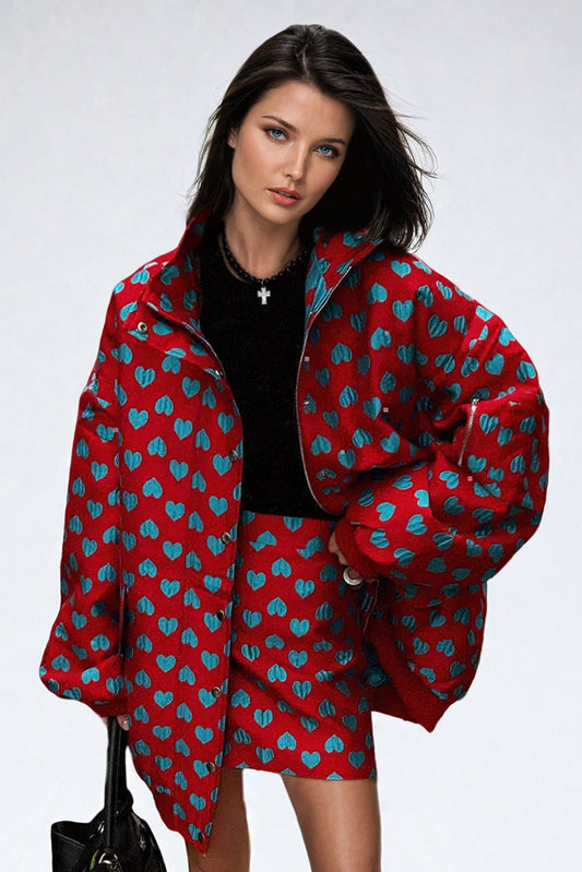 Two-Piece Set with Printed Puffer Jacket and Mini Skirt - Red