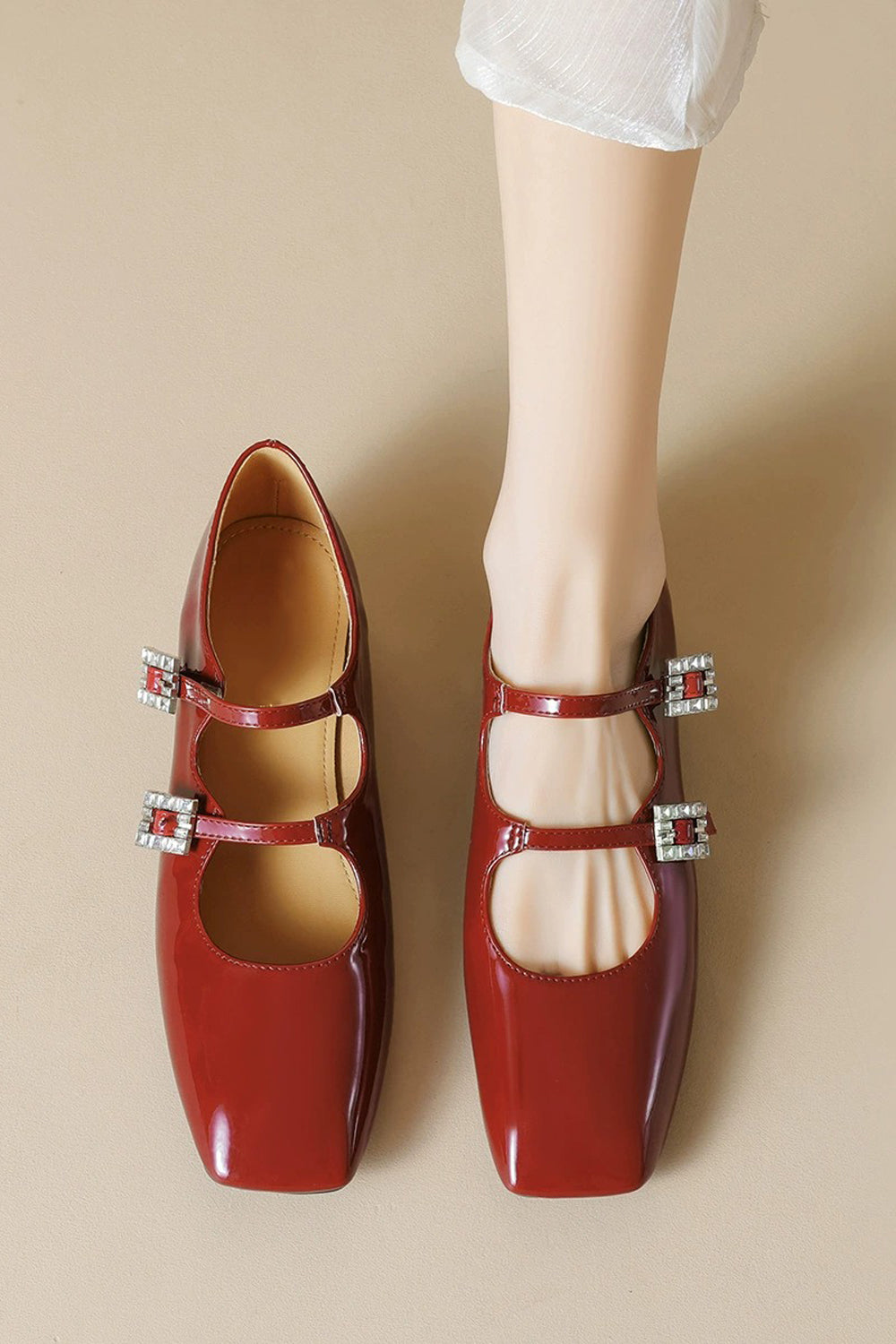 Double Strap Flats with Buckle Detail - Red