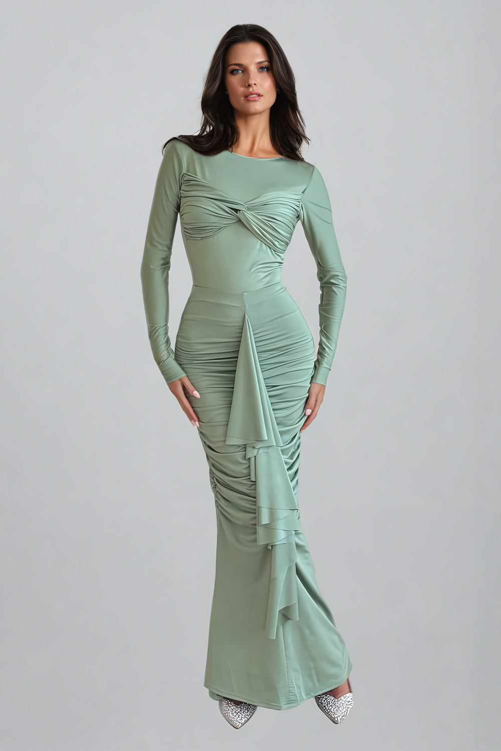 Long-Sleeve Ruched Ruffled Maxi Dress - Green