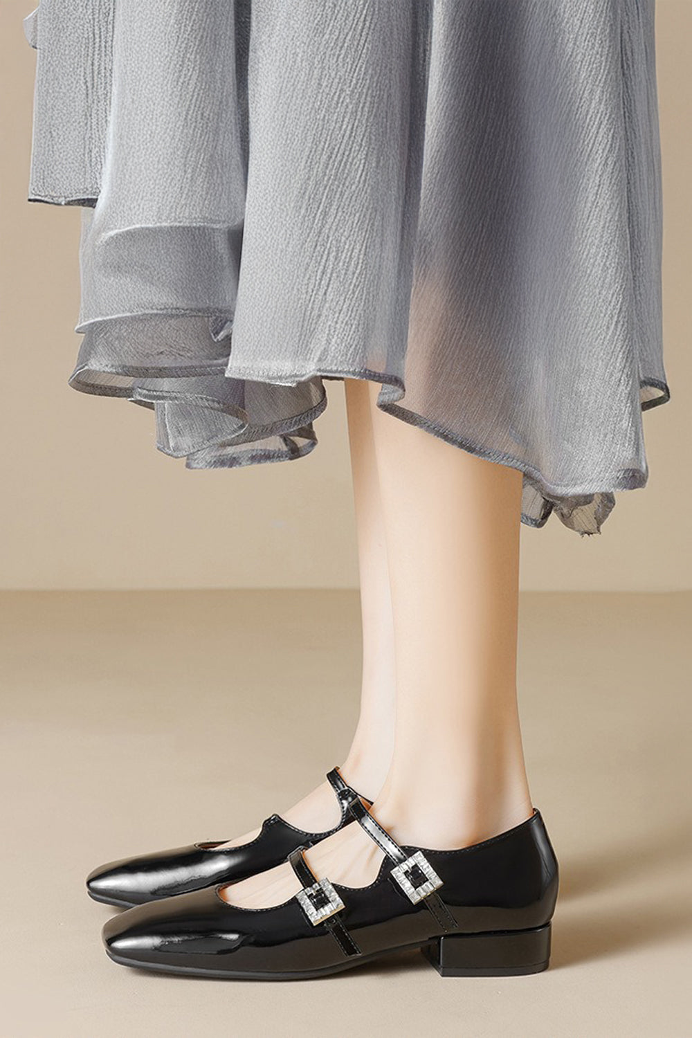 Double Strap Flats with Buckle Detail - Black