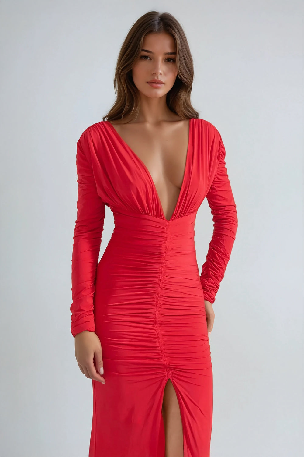 Deep V-Neck Ruched Long Sleeve Maxi Dress - Red