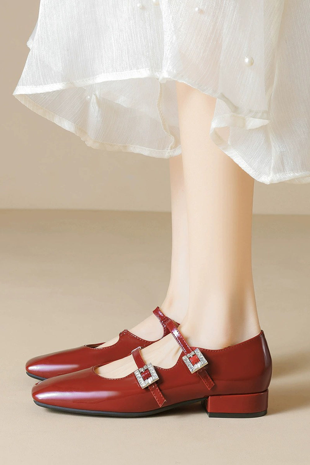 Double Strap Flats with Buckle Detail - Red