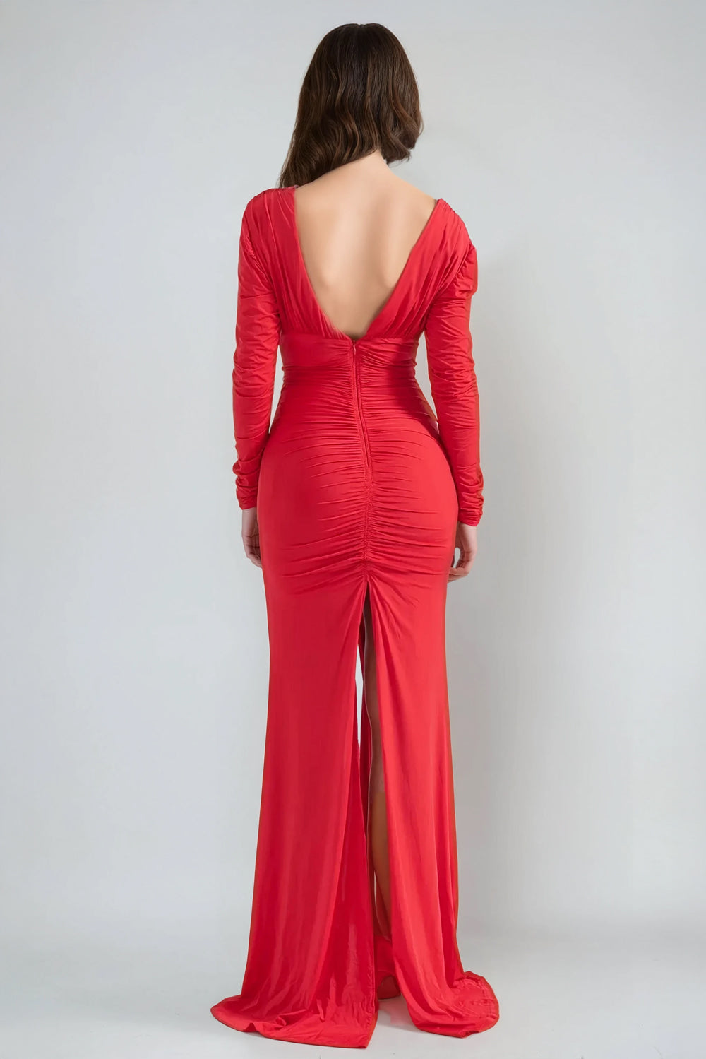 Deep V-Neck Ruched Long Sleeve Maxi Dress - Red