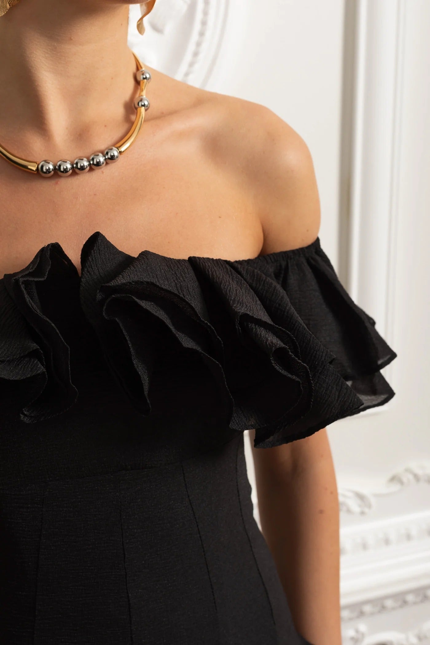 Off-Shoulder Ruffle Mini Dress - Black