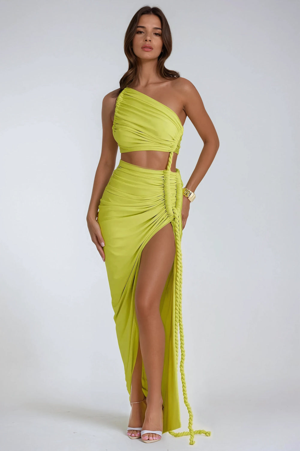 Asymmetrical Ruched Maxi Dress - Green