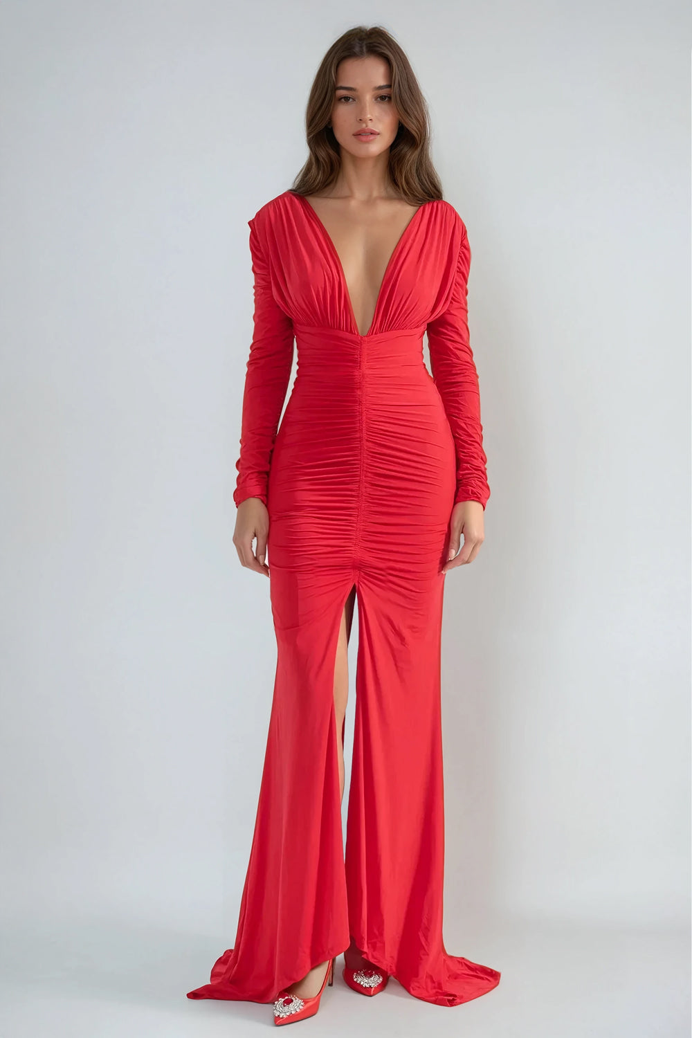 Deep V-Neck Ruched Long Sleeve Maxi Dress - Red