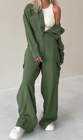 Utility-Style Jumpsuit with Button-Up Front and Wide-Leg Trousers - Green