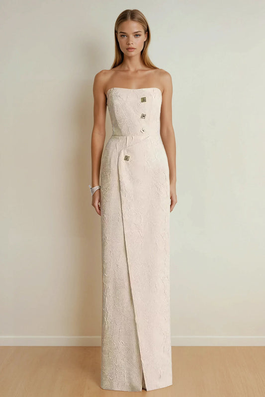 Strapless Textured Maxi Dress with Square Buttons - Beige