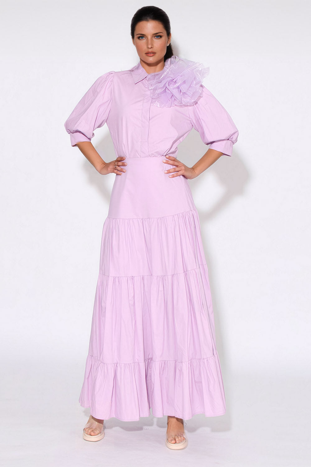 Two-Piece Set with 3D Flower Shirt and Long Skirt - Purple