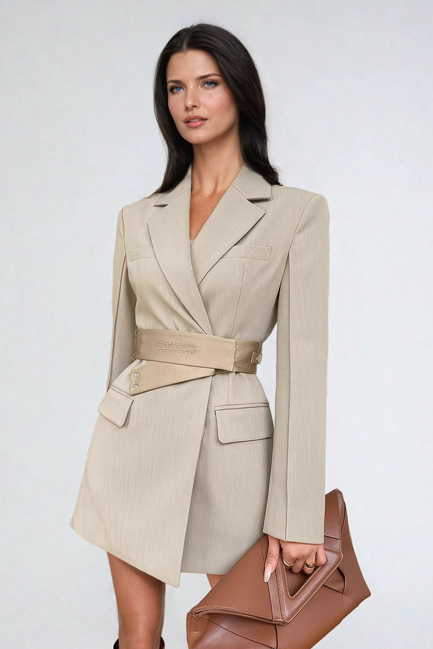 Belted Blazer-Style Mini Dress - Light Brown