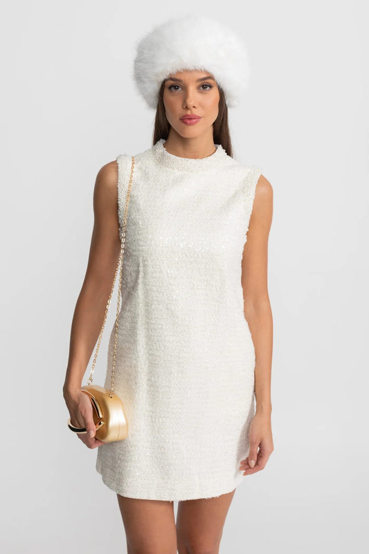 Sleeveless Mini Dress with Pearl Trim - White