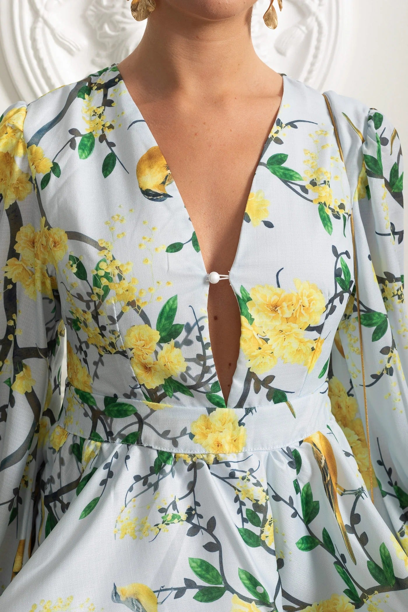 Long Sleeve Peplum Mini Dress With Yellow Floral Print - Light Blue