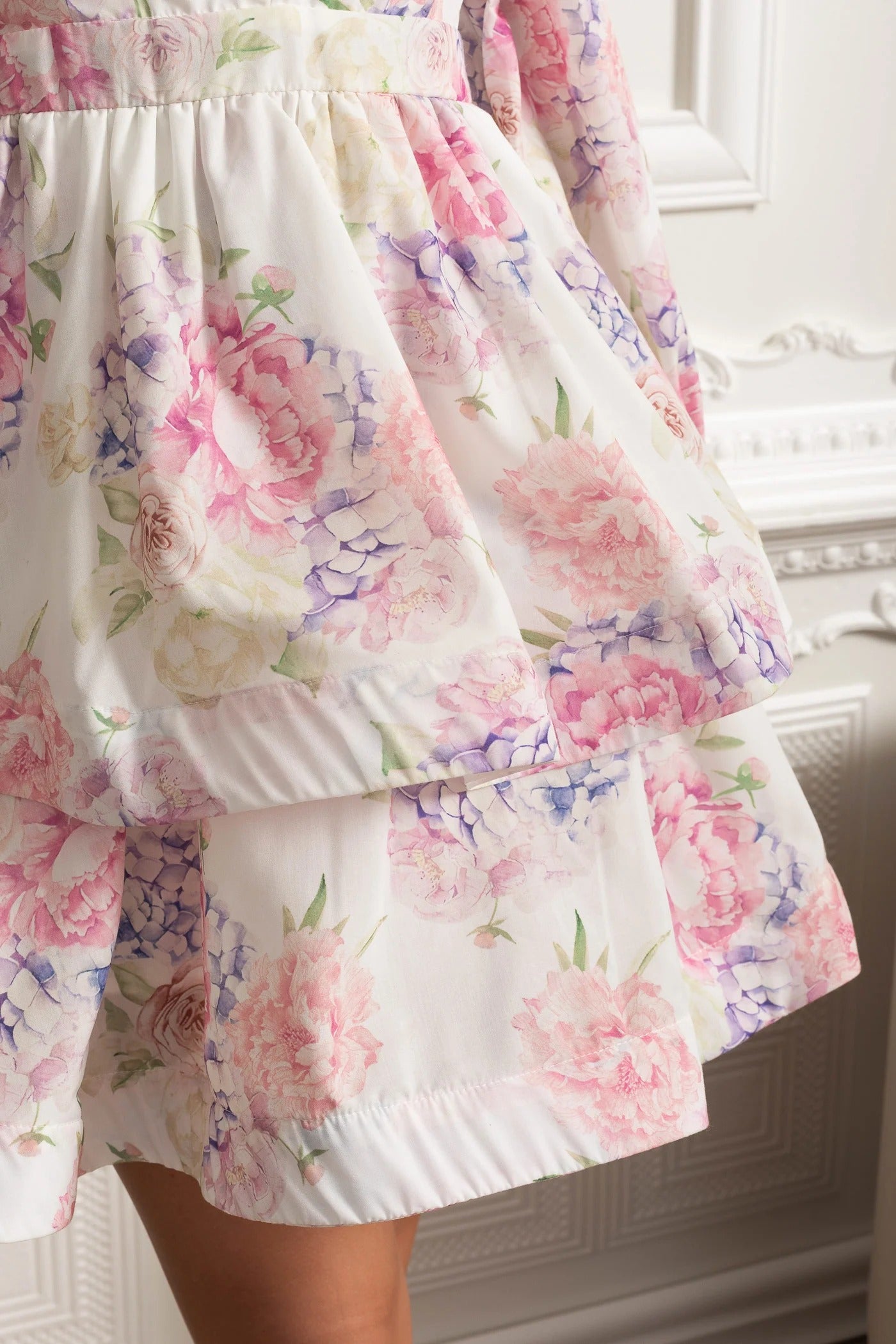 Long Sleeve Peplum Mini Dress With Yellow Floral Print - Pink