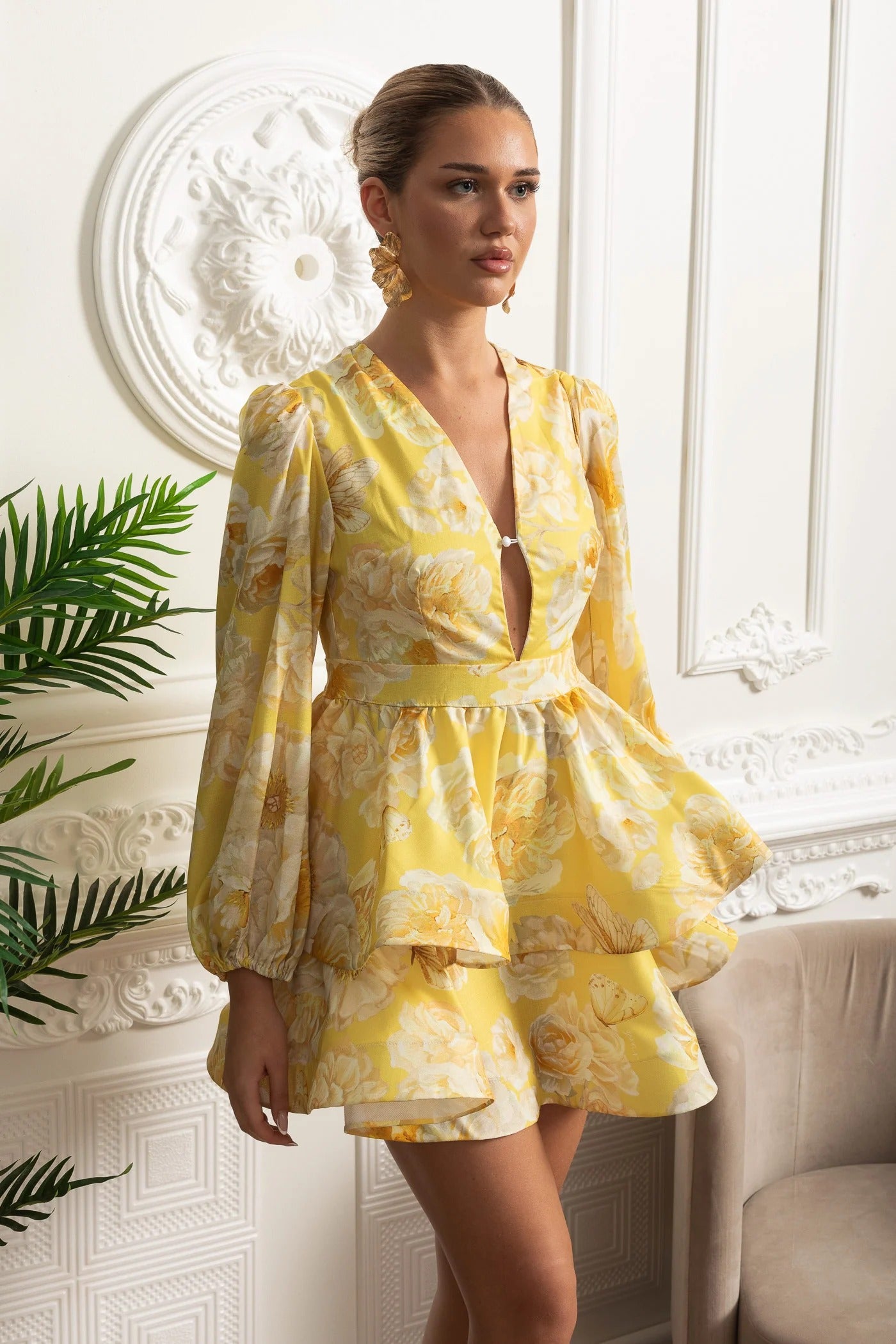 Long Sleeve Peplum Mini Dress With Yellow Floral Print - Yellow