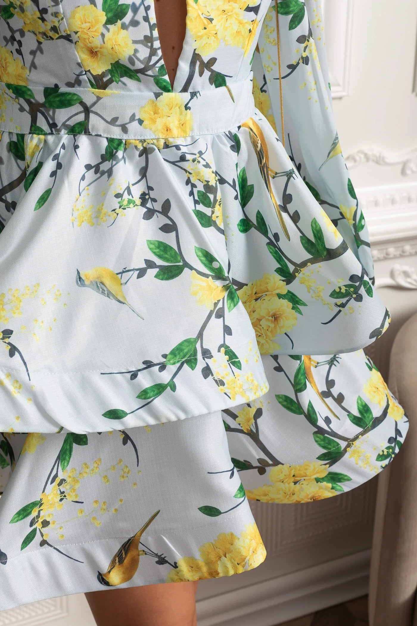 Long Sleeve Peplum Mini Dress With Yellow Floral Print - Light Blue
