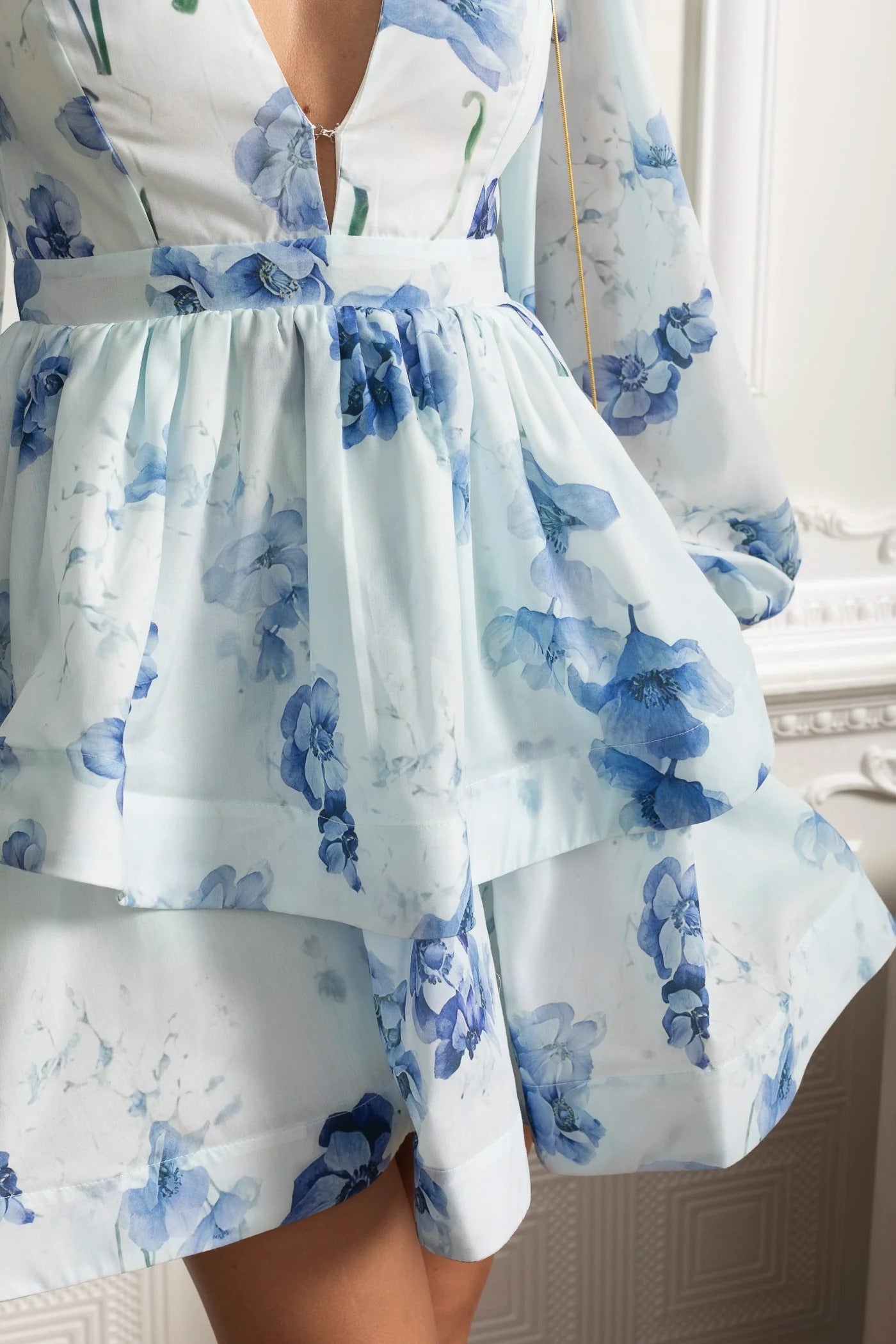 Long Sleeve Peplum Mini Dress With Yellow Floral Print - Blue