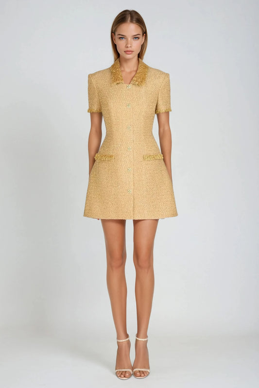 Short Sleeve Button-Up Mini Dress with Fringe Trim - Gold